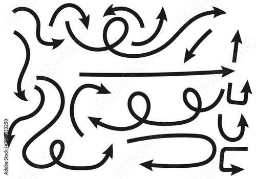 Colección de flechas negras curvas y onduladas dibujadas a mano 