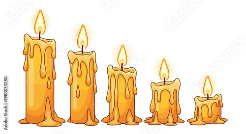 Illustration of five melting candles with lit wicks on a white background
