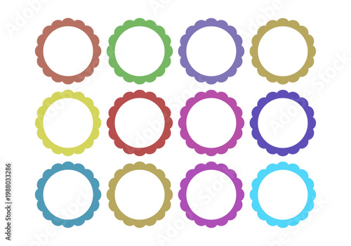 Colección de marcos circulares con bordes festoneados en diversos colores vibrantes 