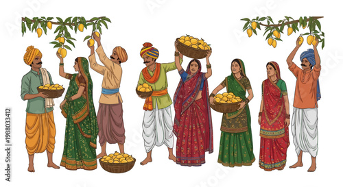 Illustration of Indian farmers harvesting Alphonso mangoes during mango season in India, carrying baskets brimming with the ripe fruit, depicted in a colorful, folk-art style