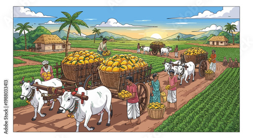 Illustrated panorama of the Indian mango fruit season, depicting a vibrant harvest scene with bullock carts laden with ripe mangoes and workers in a lush green mango orchard against a sunny