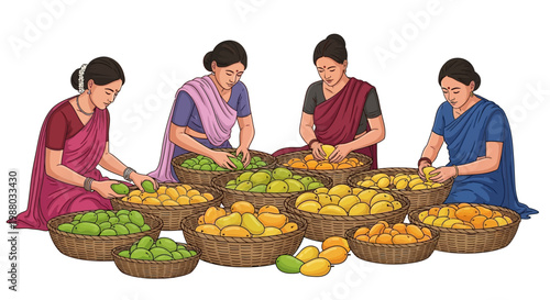 Four Indian women in saris are shown in a full shot, sorting through piles of fresh mangoes into woven baskets during the tropical mango season, set against a clean white background
