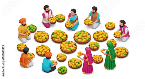 Overhead view of people celebrating the Alphonso mango season in India, gathering ripe mangoes in baskets, showcasing the vibrant harvest with an array of juicy mangoes against a clean