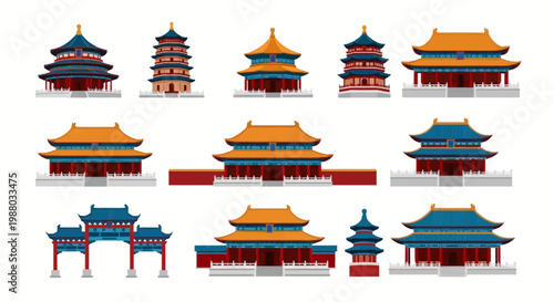 Colorful illustrations of various traditional Chinese pagodas and buildings on a white background.