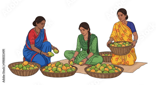 Illustration of three Indian women sorting ripe mangoes during the Alphonso mango season in India, sitting cross-legged on a mat with baskets of produce, rendered in a vibrant, colorful