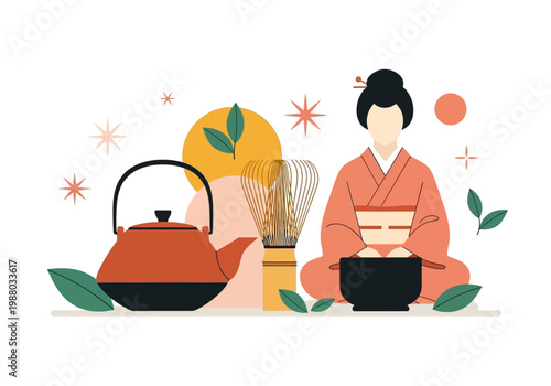 Minimalist Illustration of a Japanese Matcha Tea Ceremony with Woman in Kimono, Traditional Whisk, and Teapot