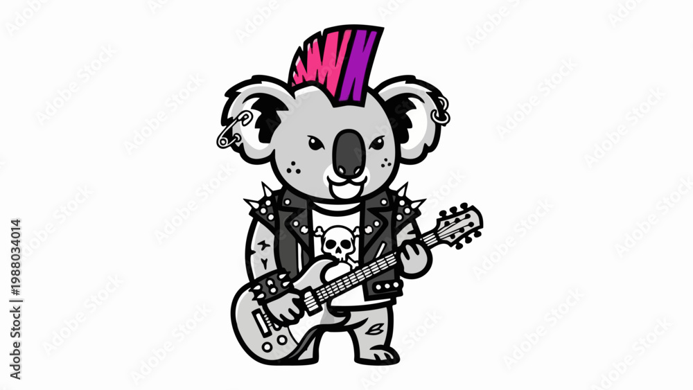 Naklejka premium Cartoon koala punk rocker with mohawk playing electric guitar.