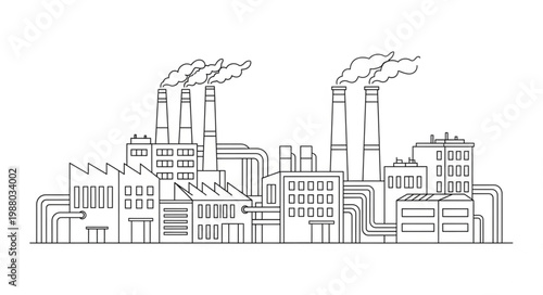 Industrial Factory Building with Smoke Stacks and Pipes.