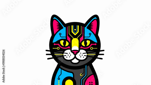 Colorful robotic cat portrait with circuit patterns.