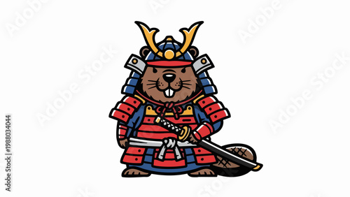 Cute cartoon beaver wearing traditional samurai armor with a katana sword.