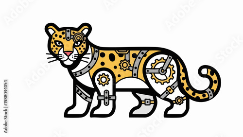 Steampunk mechanical leopard illustration.