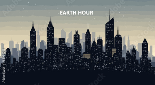 Silhouette illustration of a dark city skyline during Earth Hour, emphasizing sustainability and blackout, with cityscape buildings against a starry sky, rendered in a flat, digital style