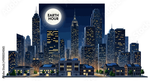Digital illustration depicts a dark city skyline during Earth Hour, emphasizing sustainability and blackout conditions with many buildings illuminated against a night sky