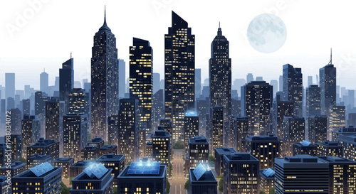 A cityscape view during Earth Hour depicts sustainability through a partial blackout, showcasing dimmed buildings and a softly illuminated sky with a large moon, emphasizing the importance