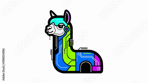 Futuristic cyberpunk alpaca robotic character illustration.