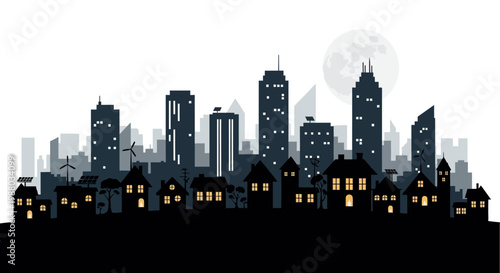 Silhouette illustration showing a dark city during Earth Hour with lights off in some buildings to promote sustainability and the blackout concept, set against a white background