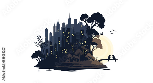 A stylized illustration depicts a cityscape silhouette during an Earth Hour blackout, where only a few lights twinkle in the buildings, while birds and trees surround the dark city
