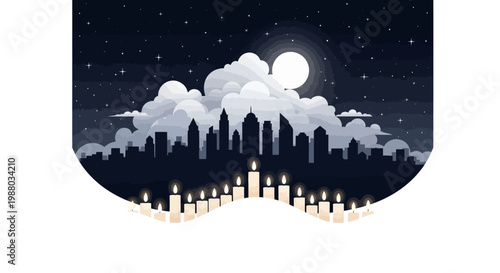 An illustration depicts Earth Hour with a darkened cityscape silhouette under a bright moon and clouds, lit by numerous candles below, conveying a sense of sustainability and blackout