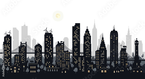 Silhouette illustration depicting an Earth Hour blackout in a dark city, showcasing a cityscape with illuminated buildings and wind turbines promoting sustainability against a bright