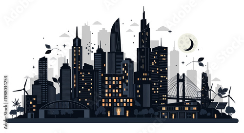 During Earth Hour, a stylized illustration shows a dark city skyline featuring a sustainability theme with wind turbines and solar panels against a night sky, conveying a message