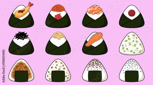 A vibrant collection of twelve adorable Japanese onigiri illustrations features assorted mouthwatering toppings like shrimp tempura, glistening salmon roe, and tasty sesame seeds on a pink background