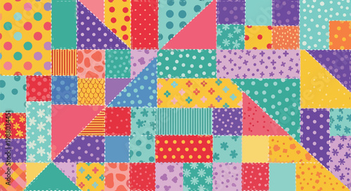 Colorful Patchwork Quilt Background, Handmade Fabric Squares, Retro Style