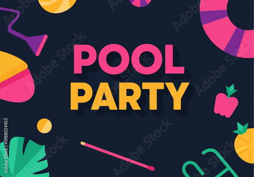 Vibrant Summer Pool Party Banner with Tropical Elements and Bold Typography