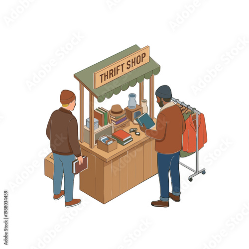 Two men are shopping and selling items at a thrift shop stand outdoors