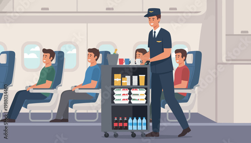 Flight attendant pushing a snack cart down the aisle of an airplane with passengers seated in a commercial airliner interior