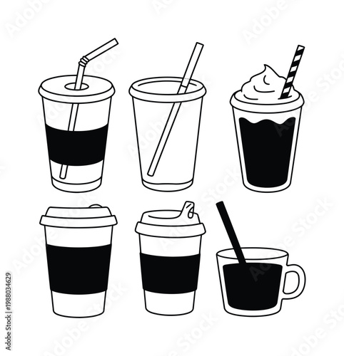 Collection of stylized beverage cups with straws and lids