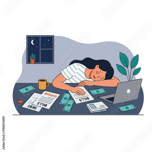 Woman sleeps on desk surrounded by bills and money at night