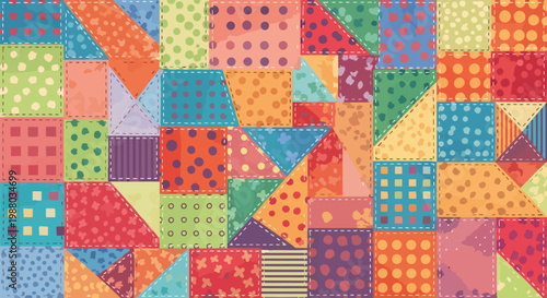 Colorful Patchwork Quilt Background with Geometric Shapes and Polka Dots