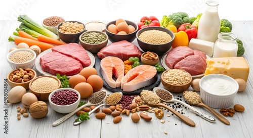 Comprehensive assortment of nutritious foods including meat, fish, eggs, dairy, nuts, seeds, legumes, fruits, and vegetables, arranged for a balanced diet.