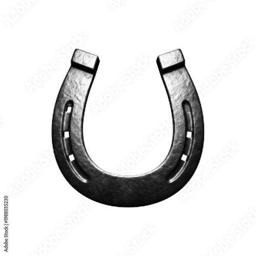Horseshoe isolated on white background, monochrome halftone illustration, symbol of luck, protection and fortune.