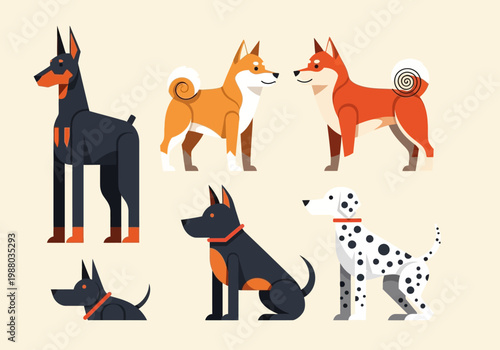 Modern Flat Vector Illustration Set of Various Dog Breeds including Doberman, Shiba Inu, and Dalmatian - Minimalist Geometric Pet Characters