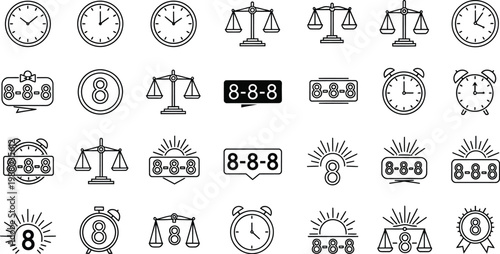 Clock icons and scales of justice symbols are arranged in a grid to represent time management and legal balance concepts.