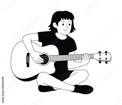 Simple Line of a Person Playing an Acoustic Guitar