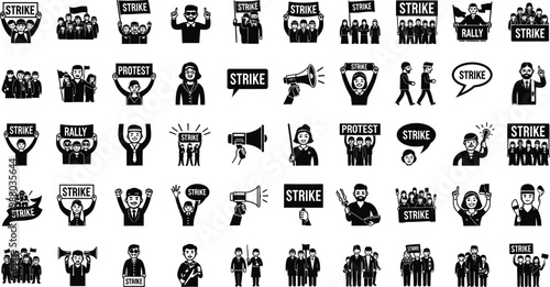 Protest icons showing people holding strike signs and using megaphones illustrate organized labor movements and public demonstrations.