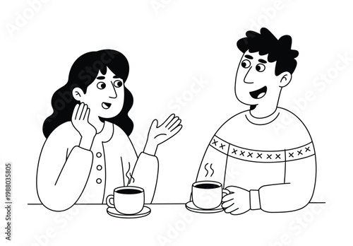 Two people enjoying coffee and conversation in a simple line