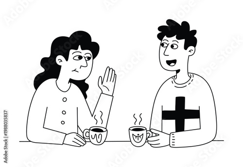 Two people having coffee, one with a skeptical expression, the other smiling