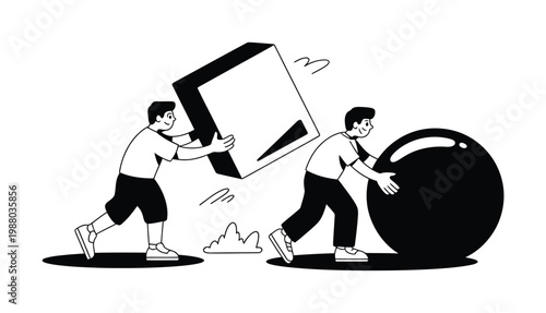 Two people pushing a cube and a sphere, illustrating effort and progress