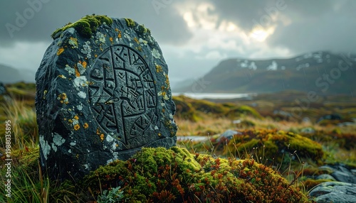 Ancient runic stone with intricate carvings covered in moss and lichen stands in a weathered landscape