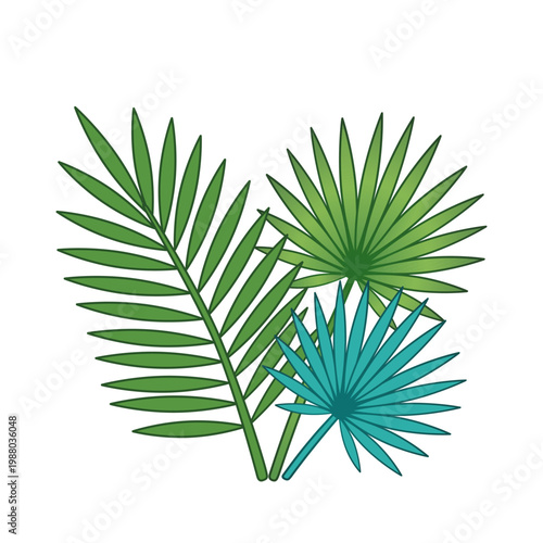 Vector illustration of tropical palm leaves in various shapes and green shades. Isolated on white background. Exotic foliage set for summer design, organic branding, and botanical compositions.