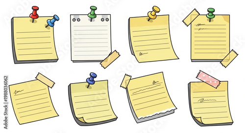 Collection of Yellow Sticky Notes Pinned and Taped.