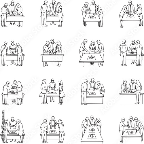 set of diverse business professionals collaborating in modern office meeting rooms line art illustration
