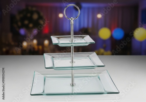 A three tiered glass serving dish on a table