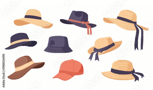 Brimmed hats and caps collection with ribbons for men and women fashion accessory flat vector set isolated on white background