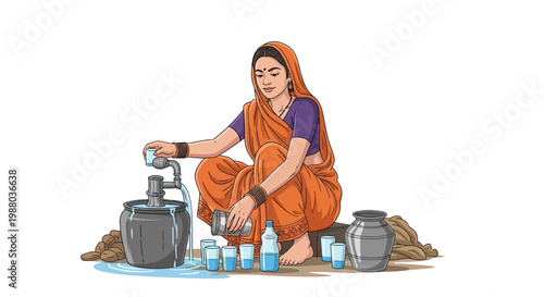 A traditionally dressed Indian woman prepares summer cooling drinks, pouring homemade nimbu pani lemonade into glasses while squatting near metal pots against a clean white background