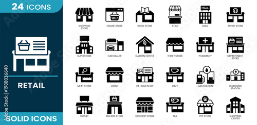 Retail icon set. Online store, book store, mall, superstore, pharmacy, cafe, gas station, grocery store, outlet, shopping store. Solid vector icons.