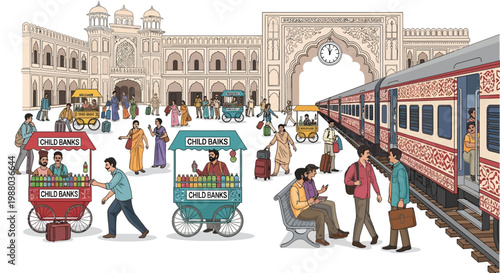 Street vendors offering refreshing Indian summer drinks and cold beverages like nimbu pani lemonade near a bustling train station in India, depicting a vibrant summer drink concept